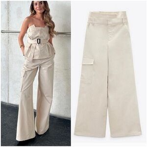 Zara Belted Gabardine Pants - Size XS, Light Beige